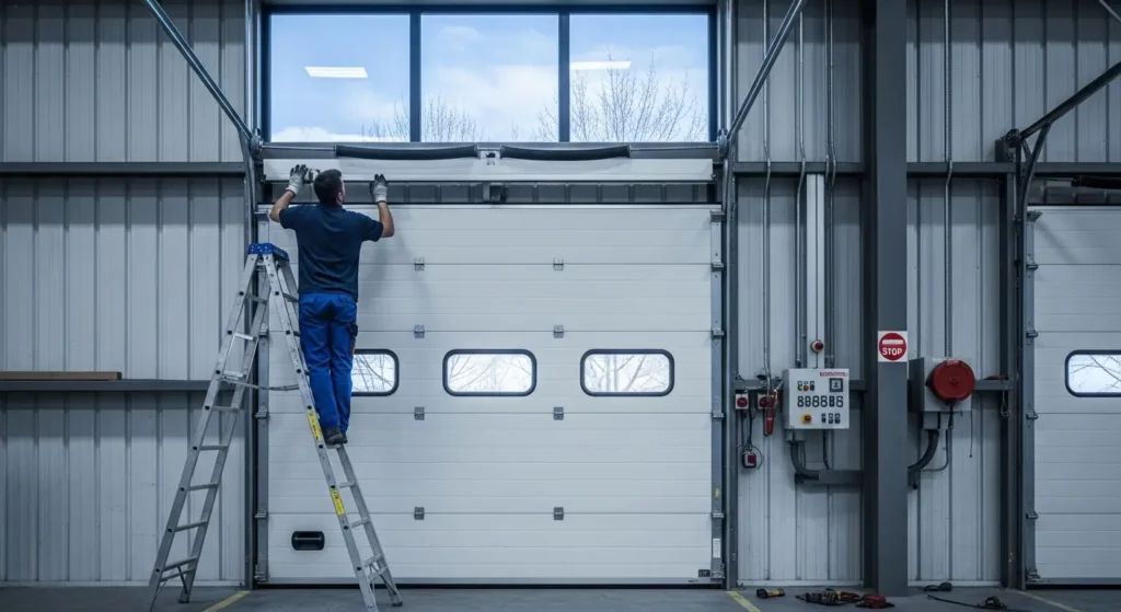 Technicien réparant une porte sectionnelle